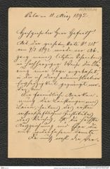 Nachlass Franz Steindachner, Brief von Wilhelm Mörth an Franz Steindachner (11.03.1892), Inv.Nr. 352.04, Seite 1
